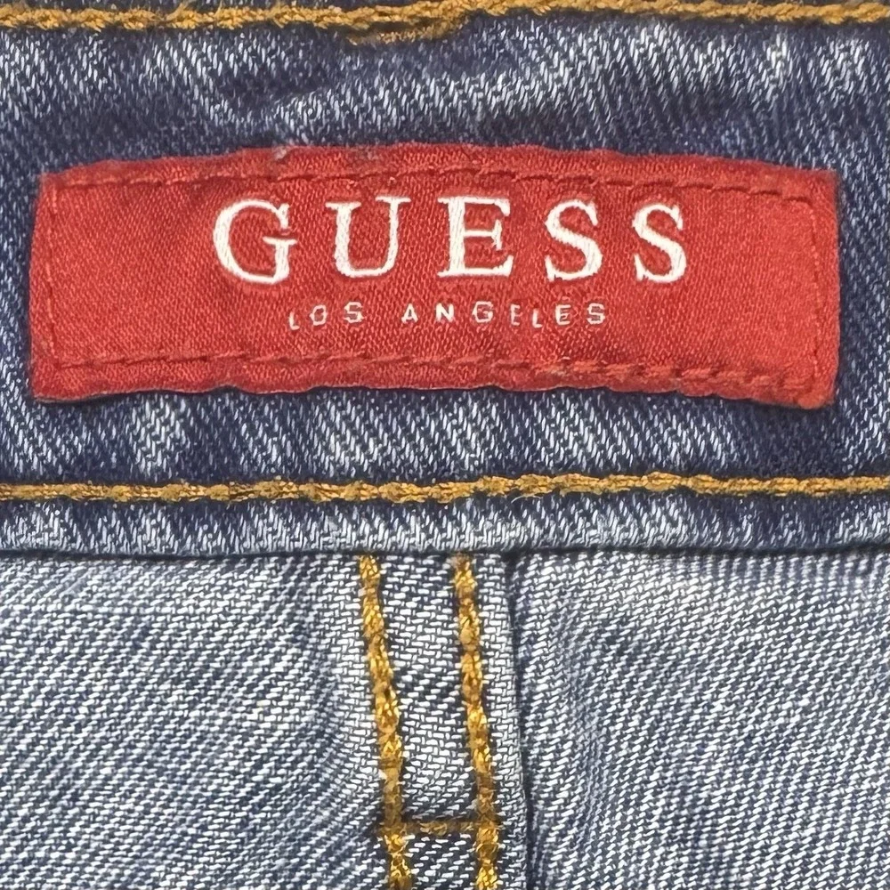 Y2K Guess Jeans Large Mini Denim Skirt Triangle Logo Embellished Trim Distressed
